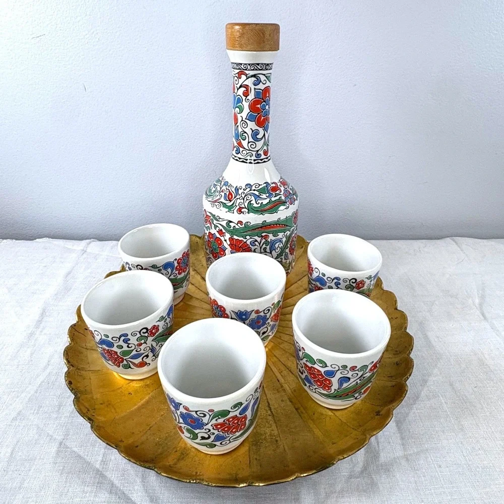 Vintage Keramikos  Greek Metaxa Ouzo Brandy Ceramic Decanter 6 Cup Set